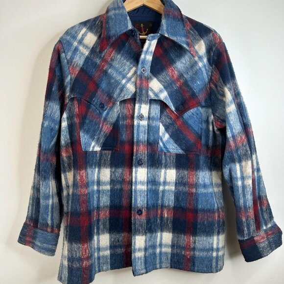 Vintage CPO Jacket Mens Large Blue Red Plaid Wool Blend Lined Shirt Jacket 90s - Picture 1 of 8